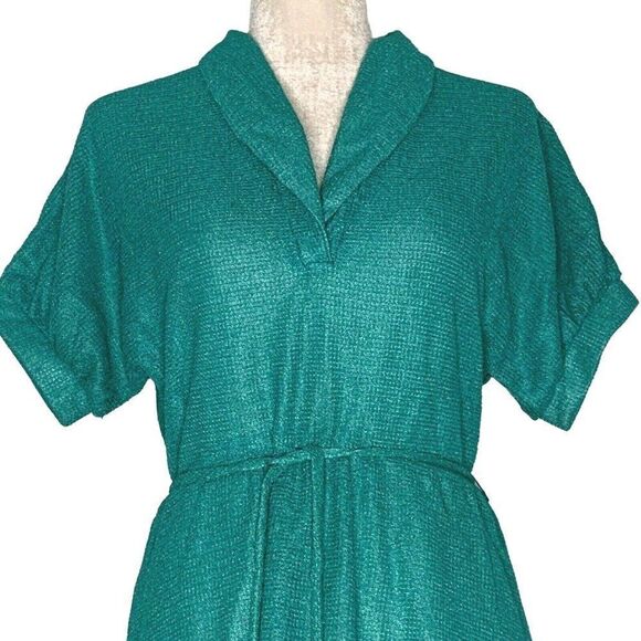 Vintage Jr Edition Dallas Dress S Green Waffle Weave Knit Collared Tie Waist - Picture 1 of 6